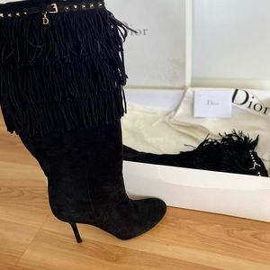 Dior Black Suede Knee High Fringe Boots
